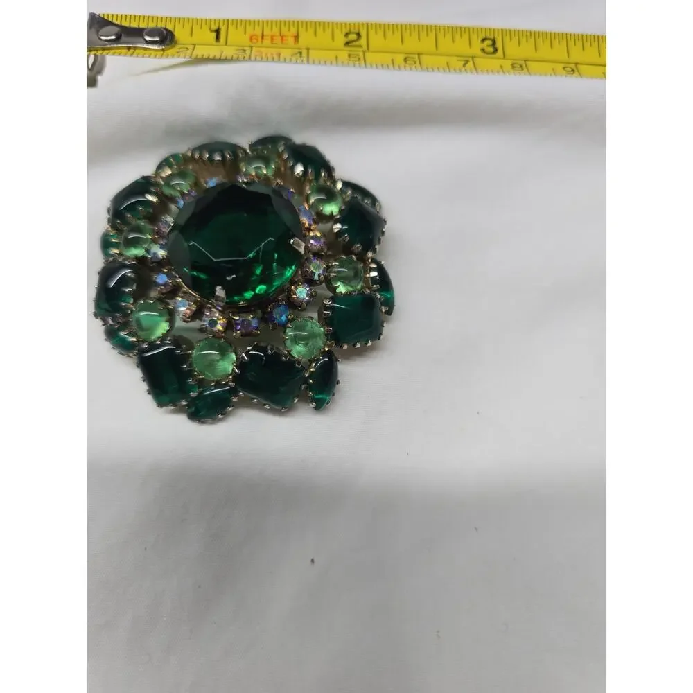 Vintage Green & AB Rhinestone Brooch Gold-tone